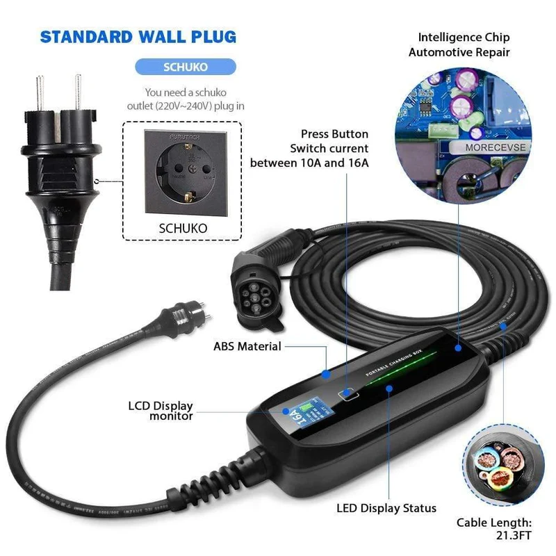 EVSE Typ 2 Tragbares EV-Ladebox-Kabel Umschaltbar 10/16A Schukostecker Elektrofahrzeug-Autoladegerät IEC 62196-2 2.2/3.6 KW