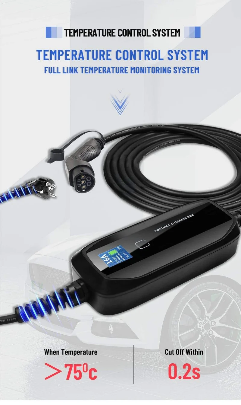 EVSE Typ 2 Tragbares EV-Ladebox-Kabel Umschaltbar 10/16A Schukostecker Elektrofahrzeug-Autoladegerät IEC 62196-2 2.2/3.6 KW