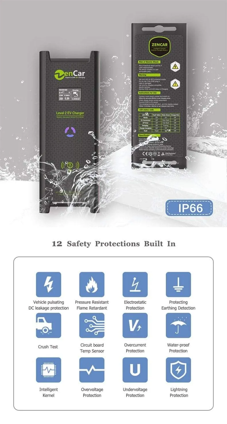 ZENCAR Level 2 EVSE Typ B AC 30mA DC 6mA 3.5kW EV-Ladegerät Typ 1 Schuko-Stecker 5m Elektroauto-Ladegerät 6A 8A 10A 12A 16A