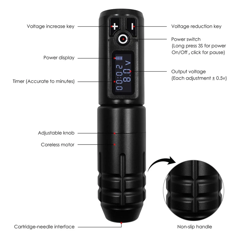 Tragbare kabellose Tattoo-Maschine, deutscher Motor, vibrationsarmer Rotary-Tattoo-Stift mit austauschbarer Batterie für Permanent-Make-up
