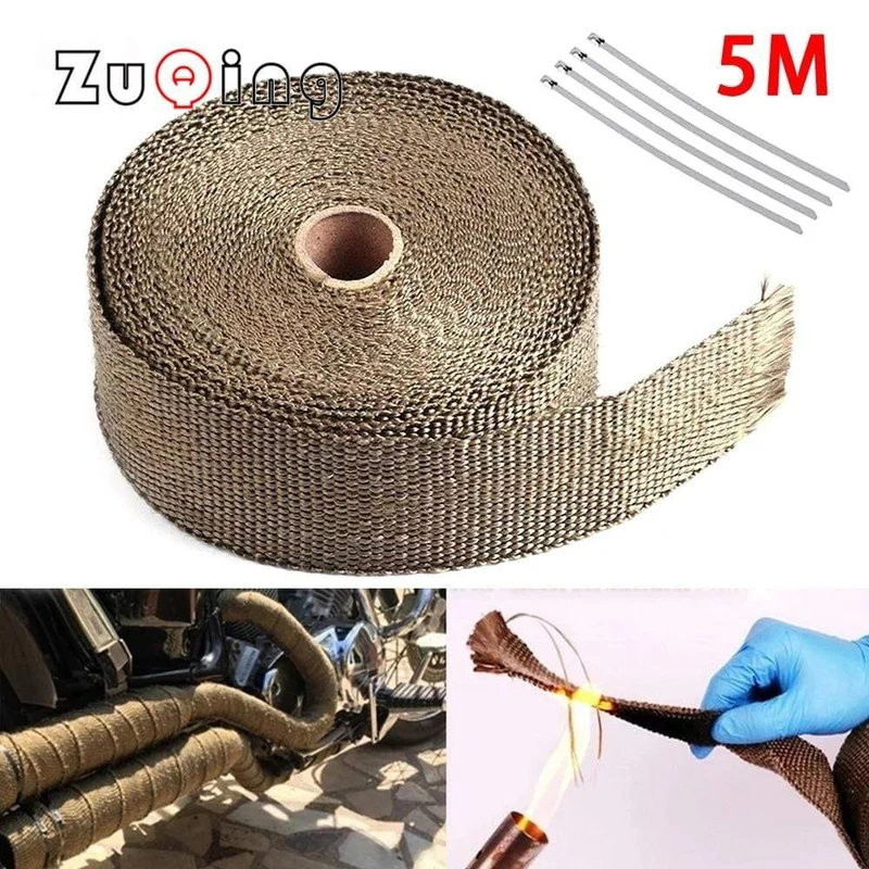 5 cm * 5 m Motorrad-Abgaswärmeband, Thermoband, Glasfaser-Wärmeband, Krümmerisolierung, rollenbeständig, mit rostfreien Bändern