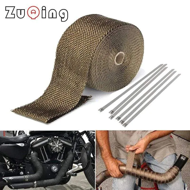 5 cm * 5 m Motorrad-Abgaswärmeband, Thermoband, Glasfaser-Wärmeband, Krümmerisolierung, rollenbeständig, mit rostfreien Bändern
