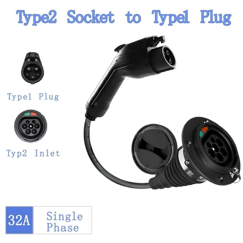 Auto-EV-Ladekabel J1772 Typ 2-Buchse auf Typ 1-Einlass Ev-Ladegerät Elektrofahrzeug-Adapter 32A 1P mit Kabel für Audi, BMW...