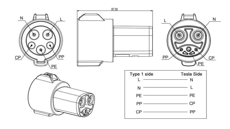 Khons EVSE-Adapter 16A 32A 60A Elektrofahrzeug-EV-Ladegerät SAE J1772-Buchse Typ 1 auf Tesla-Anschluss EV-Adapter zum Laden