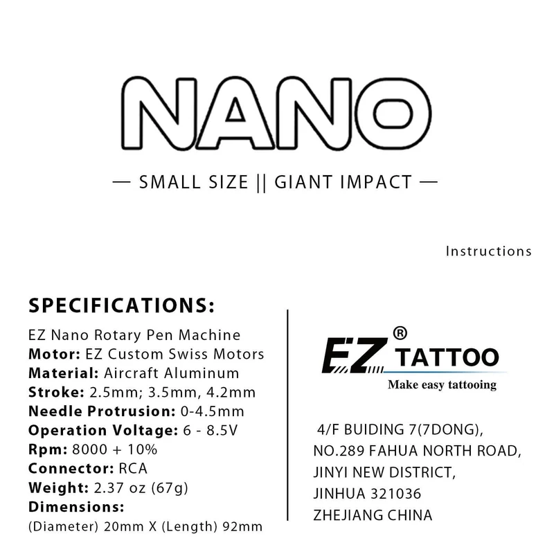 EZ NANO Rotary Cartridge Tattoo Machine Pen EZ Custom Swiss Motors Leichtes und ultradünnes Design