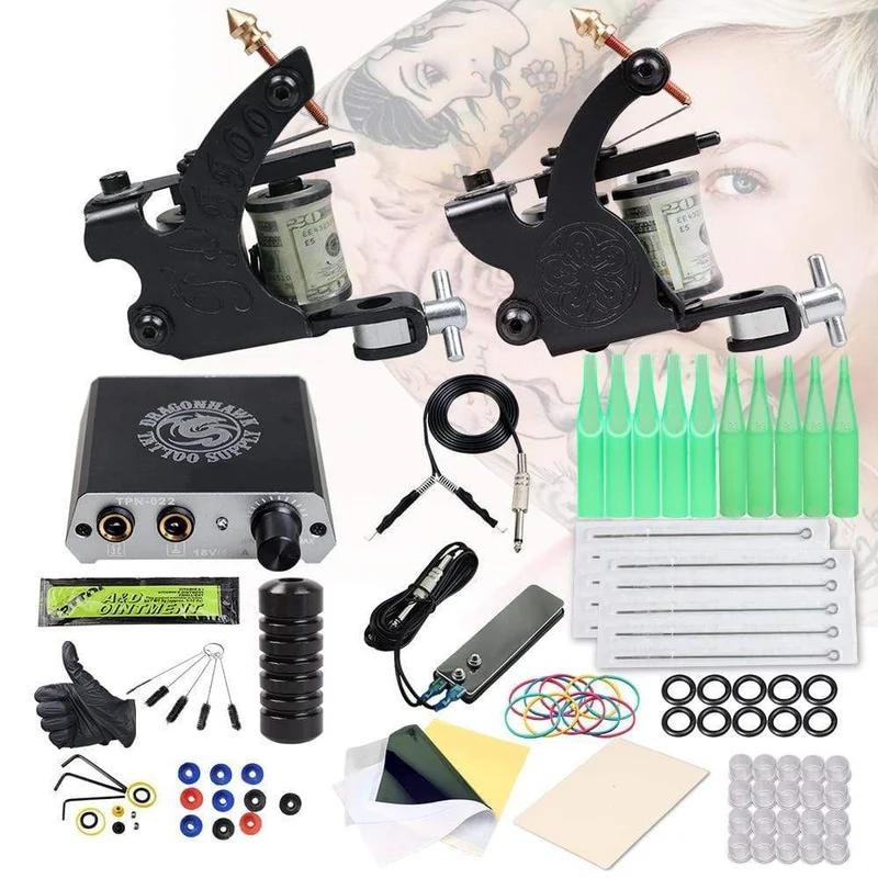 Komplettes Tattoo-Set für Anfänger, 2 Maschinen, Pistolen-Set, Netzteil, Griffe, Körperkunst-Werkzeug-Set, Permanent-Make-up-Tattoo-Set