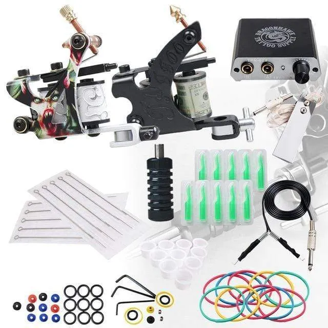 Komplettes Tattoo-Set für Anfänger, 2 Maschinen, Pistolen-Set, Netzteil, Griffe, Körperkunst-Werkzeug-Set, Permanent-Make-up-Tattoo-Set