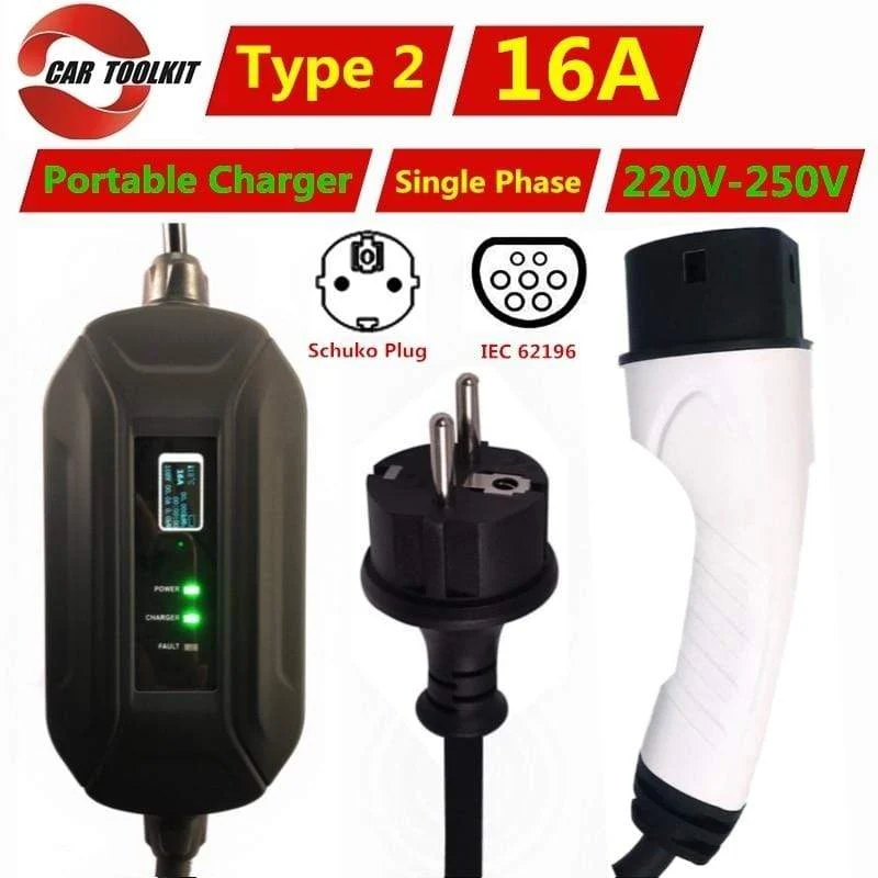 16A Typ 2 tragbarer EV-Ladegerät-Adapter IEC62196 Konverter EVSE Heim-Ladestation für Elektrofahrzeuge, einphasig, 220–250 V
