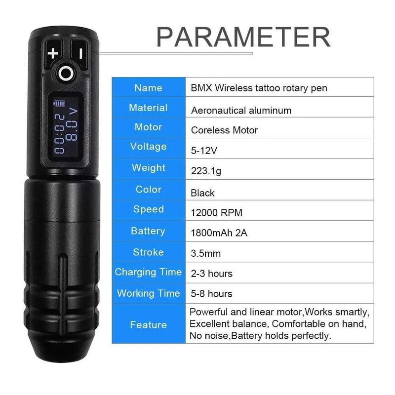 Biomaser Wireless Tattoo Maschine Professioneller Rotary Tattoo Pen Original Deutscher Motor 1800mAh Akku Schnellladung Hub 4.0mm