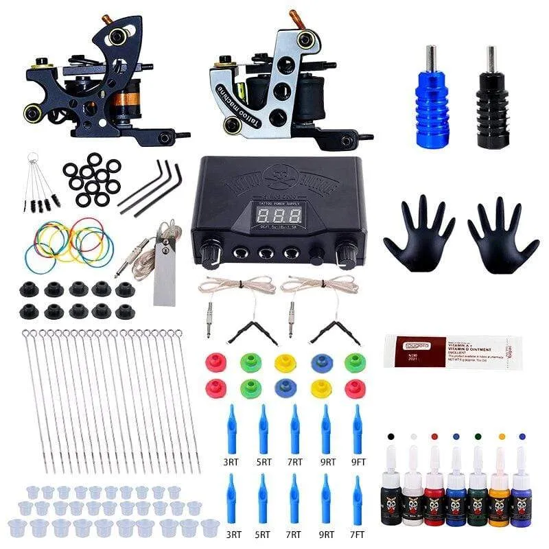 Komplettes Tattoo-Set, Spulen-Tattoo-Maschinen-Set, Netzteilnadeln, professionelles Tattoo-Maschinen-Set für Anfänger und Anfänger