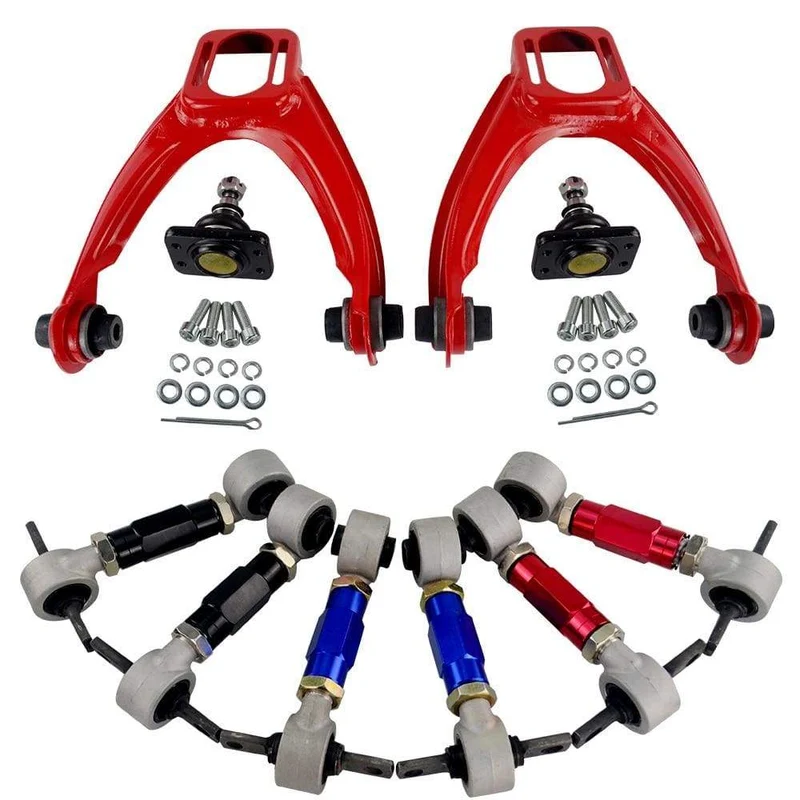 VORDERER OBERER QUERLENKER-ROHR-STURZ-KIT FÜR 96-00 CIVIC LX DX EK EJ TUBULAR + 92-00 verstellbare hintere Sturzarme ROT