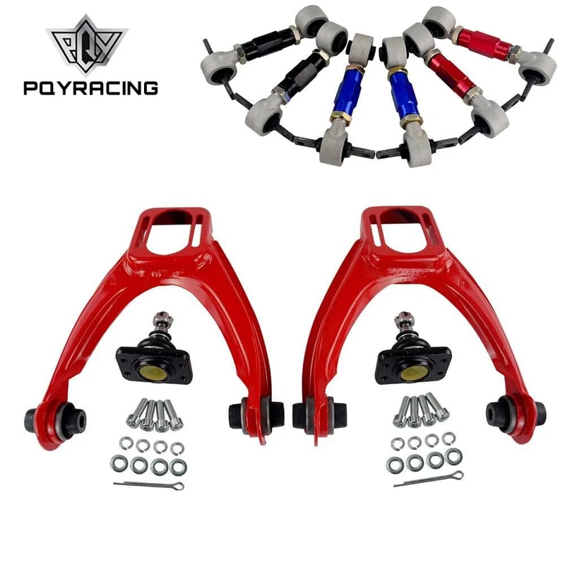 VORDERER OBERER QUERLENKER-ROHR-STURZ-KIT FÜR 96-00 CIVIC LX DX EK EJ TUBULAR + 92-00 verstellbare hintere Sturzarme ROT