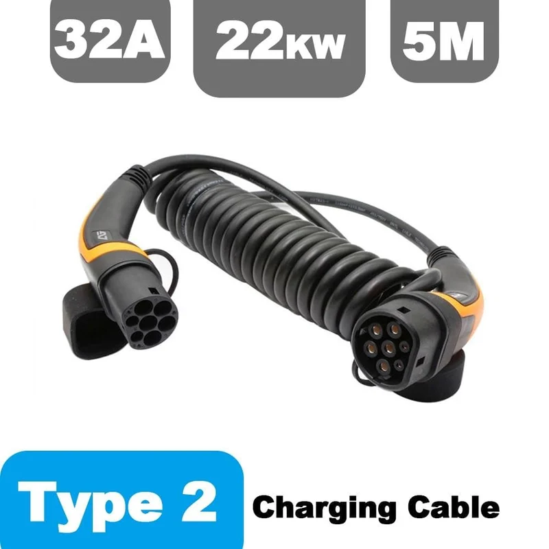 EV-Ladegerät Typ 2 32 A Typ 2 auf Typ 2 EV-Ladekabel mit 5 m Spiralkabel Mennekes Typ 2 für Elektrofahrzeug Auto EVSE 22 kW