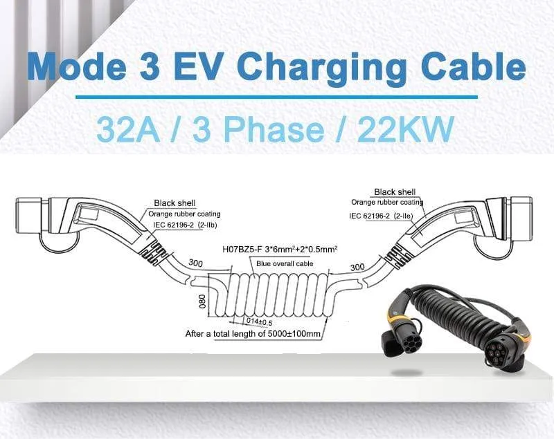 EV-Ladegerät Typ 2 32 A Typ 2 auf Typ 2 EV-Ladekabel mit 5 m Spiralkabel Mennekes Typ 2 für Elektrofahrzeug Auto EVSE 22 kW