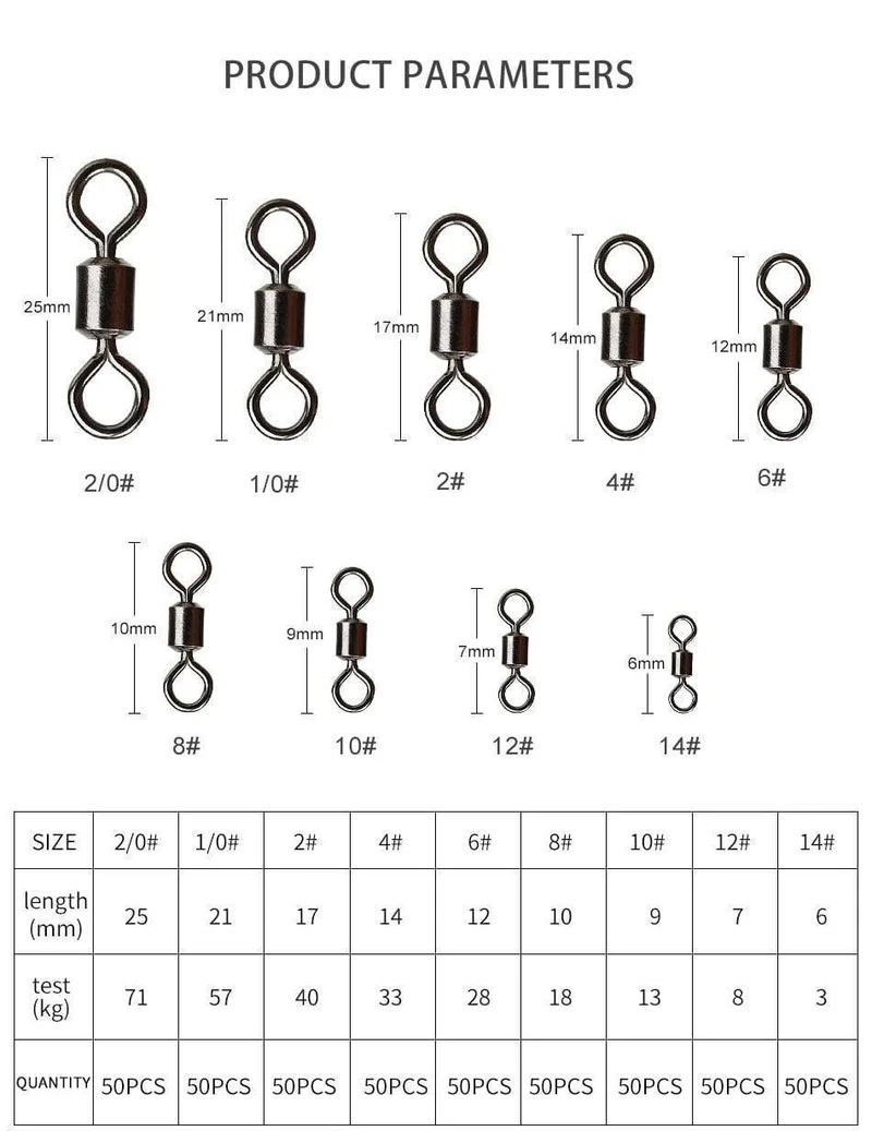 50 Teile/los Angeln Wirbel Größen Solide Stecker Kugellager Snap Angeln Wirbel Rollen Edelstahl Perlen