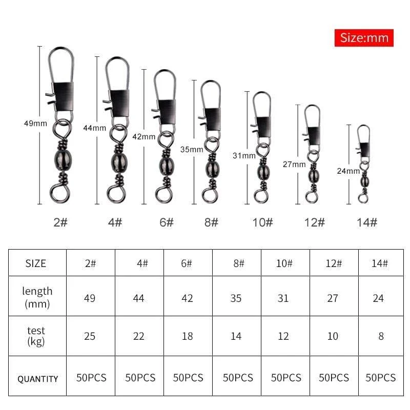 50 Teile/los Angeln Stecker Pin Lager Roll Wirbel Edelstahl mit Snap Angelhaken Köder Tackle Zubehör
