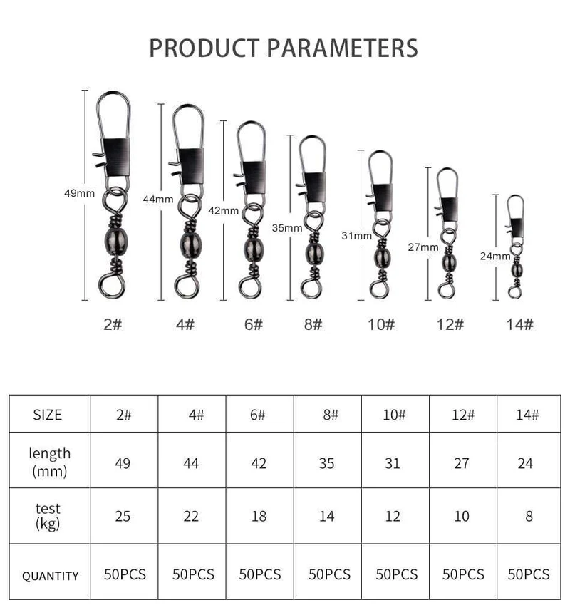 50 Teile/los Angeln Stecker Pin Lager Roll Wirbel Edelstahl mit Snap Angelhaken Köder Tackle Zubehör