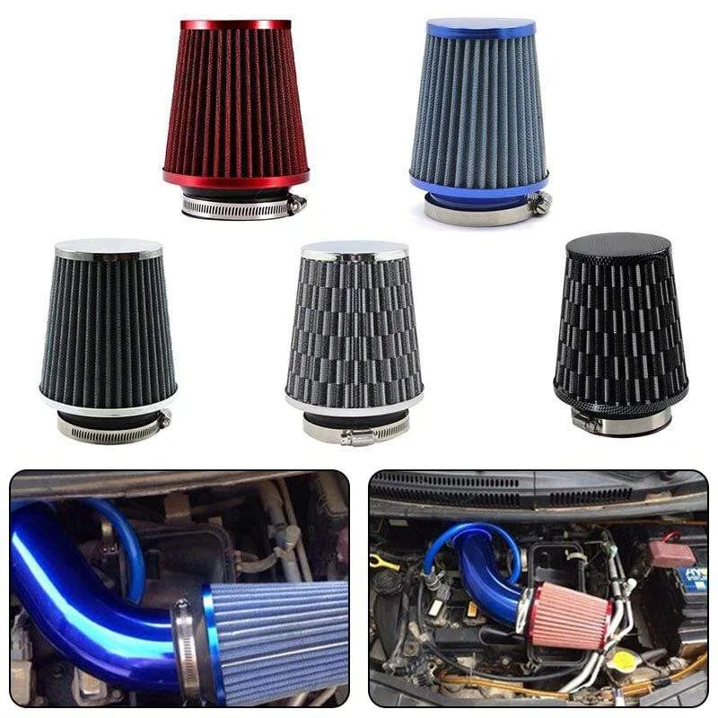 Universal-Auto-Luftfilter, 76 mm, 3 Zoll, hoher Durchfluss, Auto-Kaltluftansaugfilter, Aluminium-Vliesstoff, rostfreier Luftansaugschlauch