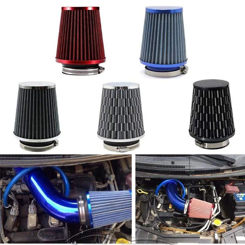 Universal-Auto-Luftfilter, 76 mm, 3 Zoll, hoher Durchfluss, Auto-Kaltluftansaugfilter, Aluminium-Vliesstoff, rostfreier Luftansaugschlauch