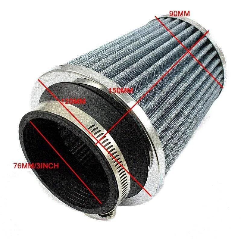 Universal-Auto-Luftfilter, 76 mm, 3 Zoll, hoher Durchfluss, Auto-Kaltluftansaugfilter, Aluminium-Vliesstoff, rostfreier Luftansaugschlauch