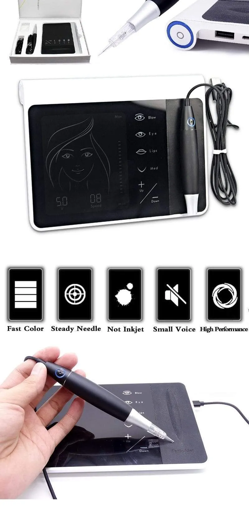 Touchscreen-Akku US / EU-Stecker Permanent Make-up-Maschinen-Kit Augenbrauen-Lippen-Eyeliner-Maschine mit 2 Patronennadeln