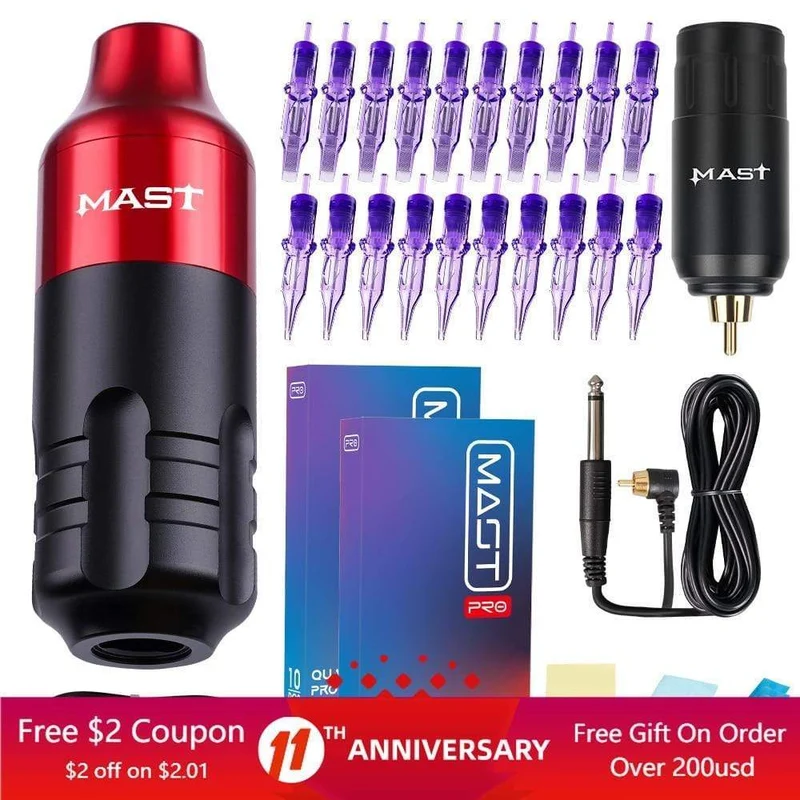 Mast Tour RCA-Kabel Rotary Pmu Permanent Make-up Stift Tattoo-Maschinen-Kit mit kabelloser Batterieleistung Pro-Patronennadeln-Set