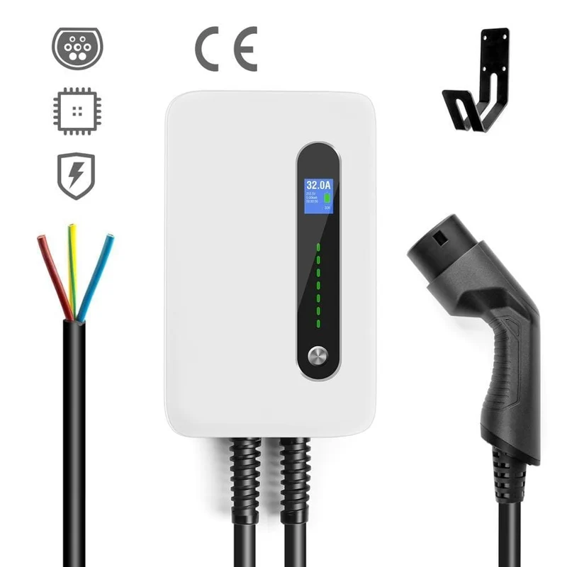 EV-Ladestationskabel 32A Elektrofahrzeug-Autoladegerät EVSE Wallbox Wandhalterung Typ 2 Kabel IEC 62196-2 Level 2 240V 7.6KW