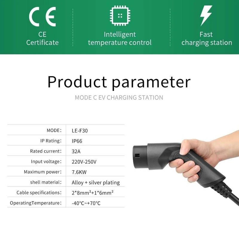 EV-Ladestationskabel 32A Elektrofahrzeug-Autoladegerät EVSE Wallbox Wandhalterung Typ 2 Kabel IEC 62196-2 Level 2 240V 7.6KW