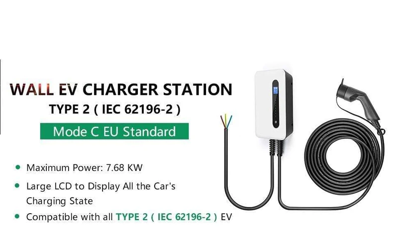 EV-Ladestationskabel 32A Elektrofahrzeug-Autoladegerät EVSE Wallbox Wandhalterung Typ 2 Kabel IEC 62196-2 Level 2 240V 7.6KW