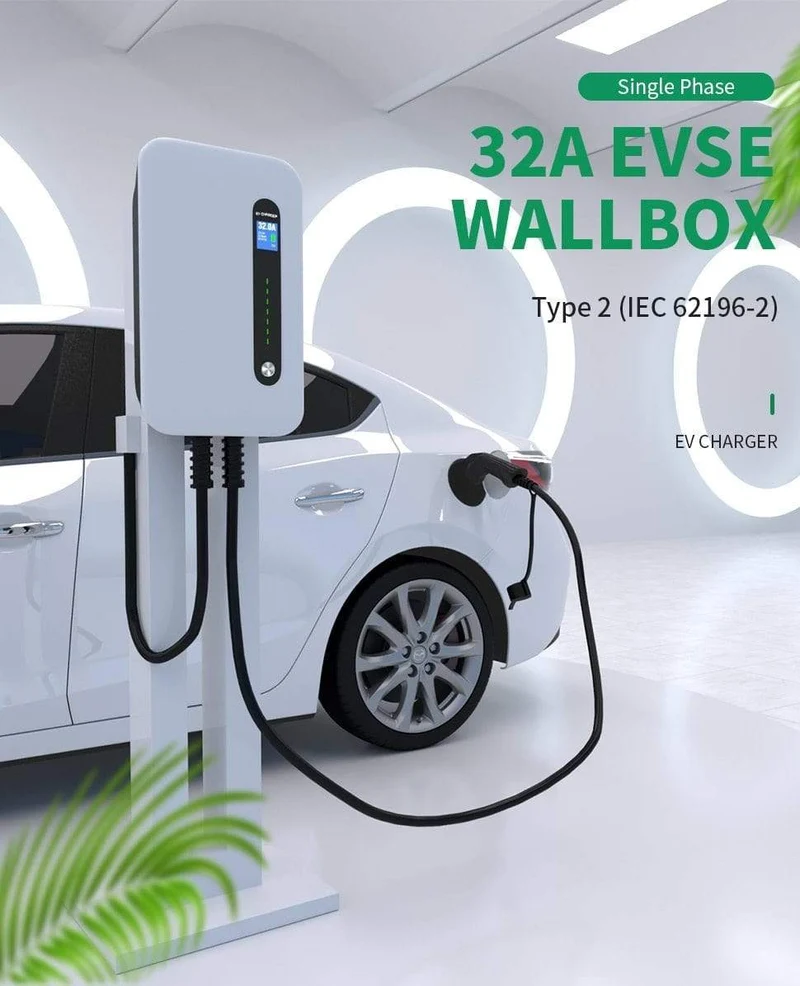EV-Ladestationskabel 32A Elektrofahrzeug-Autoladegerät EVSE Wallbox Wandhalterung Typ 2 Kabel IEC 62196-2 Level 2 240V 7.6KW