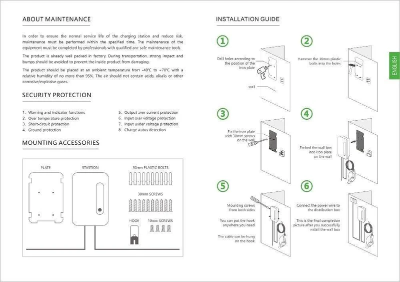 EV-Ladestationskabel 32A Elektrofahrzeug-Autoladegerät EVSE Wallbox Wandhalterung Typ 2 Kabel IEC 62196-2 Level 2 240V 7.6KW