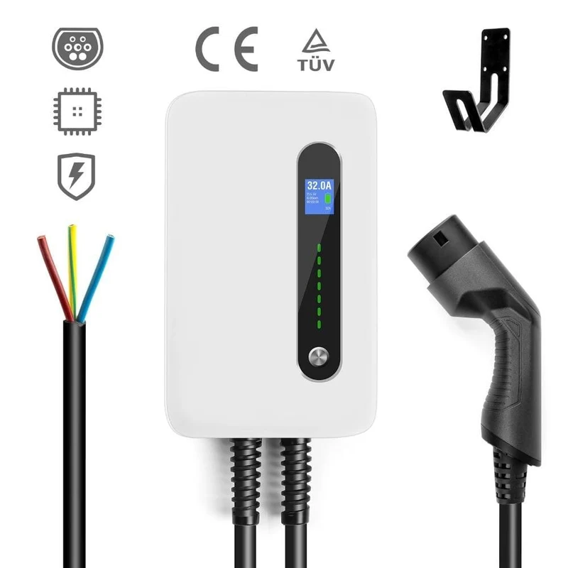 EV-Ladestationskabel 32A Elektrofahrzeug-Autoladegerät EVSE Wallbox Wandhalterung Typ 2 Kabel IEC 62196-2 Level 2 240V 7.6KW