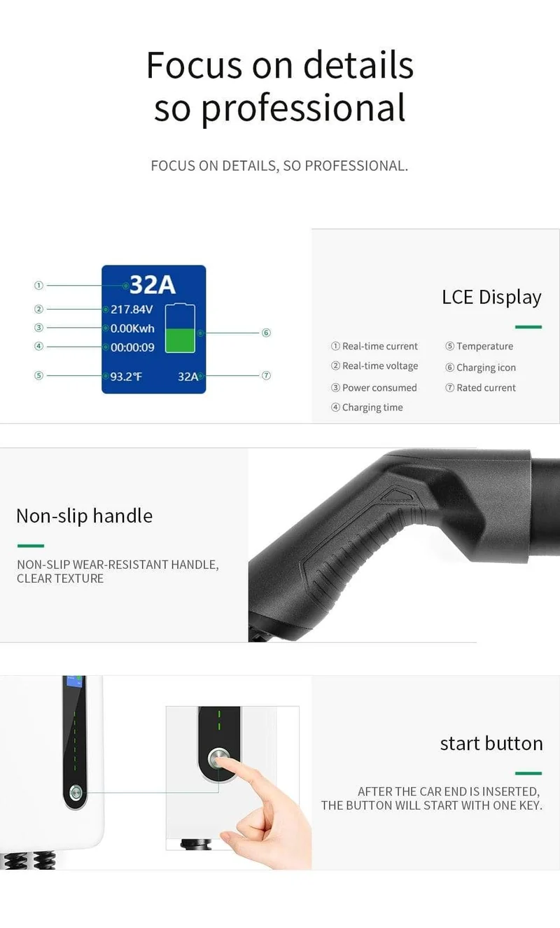 EV-Ladestationskabel 32A Elektrofahrzeug-Autoladegerät EVSE Wallbox Wandhalterung Typ 2 Kabel IEC 62196-2 Level 2 240V 7.6KW