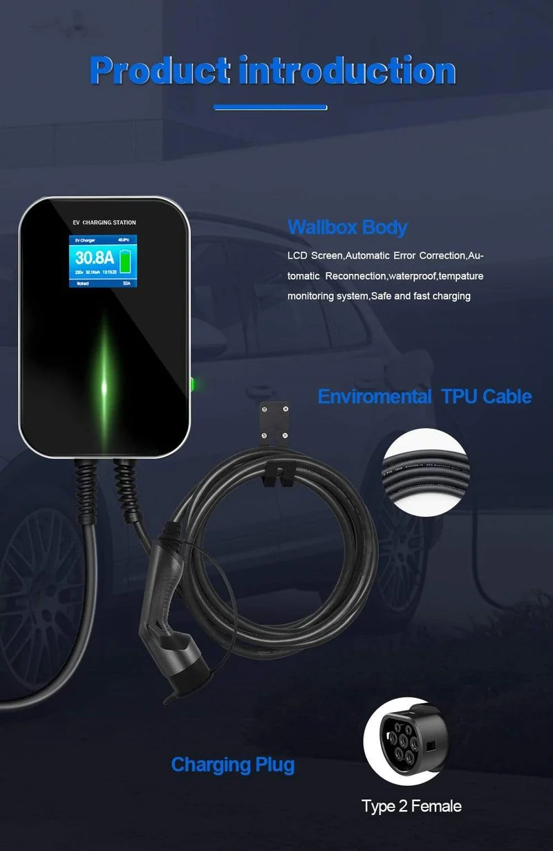 EV-Ladegerät 32A 1 Phase 7.2 kW Ladestation für Elektrofahrzeuge an der Wand EVSE Wallbox mit Typ 2 Stecker IEC 62196-2 Free Hook