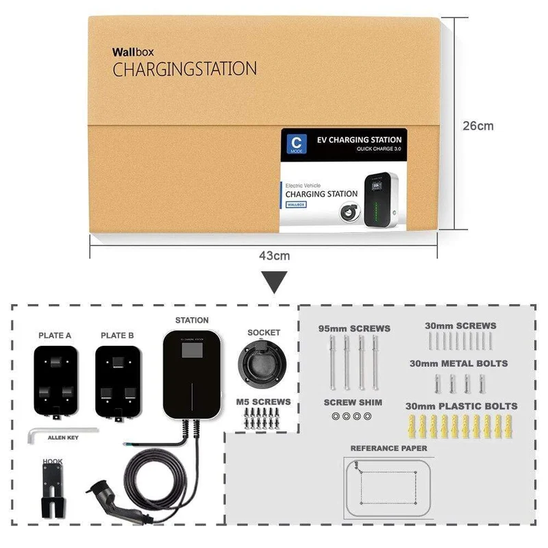 EV-Ladegerät 32A 1 Phase 7.2 kW Ladestation für Elektrofahrzeuge an der Wand EVSE Wallbox mit Typ 2 Stecker IEC 62196-2 Free Hook