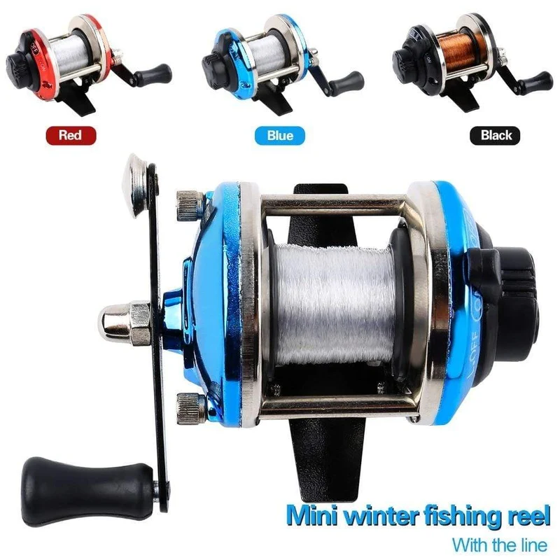 3.5:1 Übersetzungsverhältnis, 3-farbige Mini-Trolling-Rolle, Eisangelrolle, Baitcasting-Rollen, Spule, mit 50 m Nylonschnur