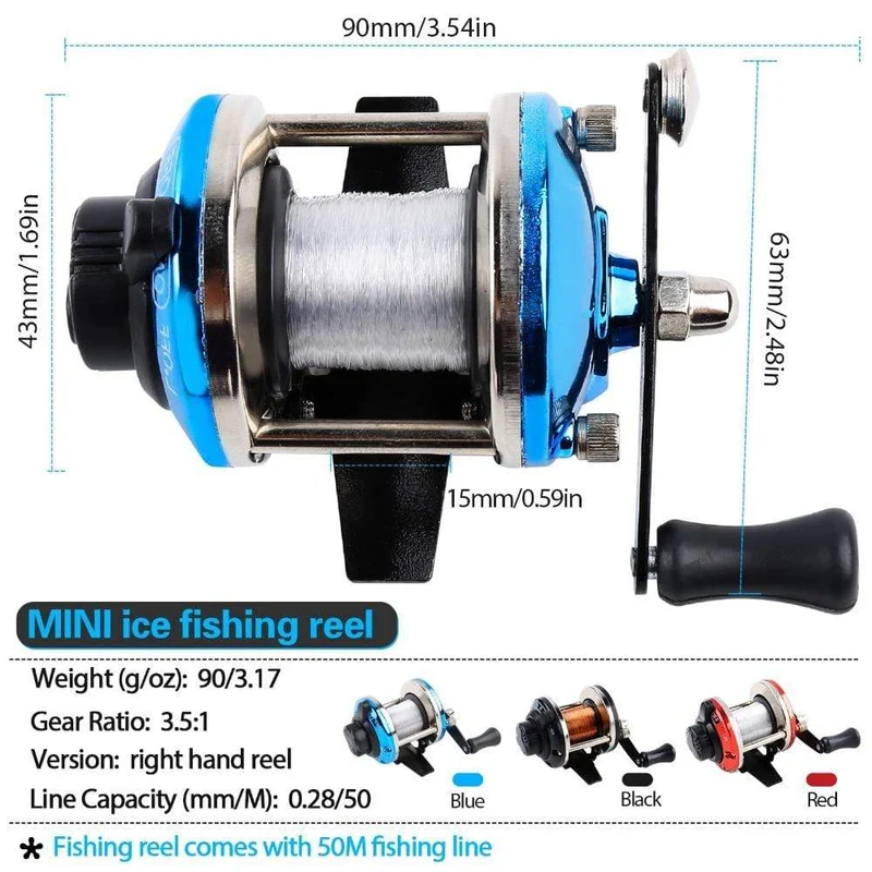 3.5:1 Übersetzungsverhältnis, 3-farbige Mini-Trolling-Rolle, Eisangelrolle, Baitcasting-Rollen, Spule, mit 50 m Nylonschnur