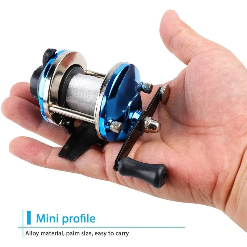 3.5:1 Übersetzungsverhältnis, 3-farbige Mini-Trolling-Rolle, Eisangelrolle, Baitcasting-Rollen, Spule, mit 50 m Nylonschnur