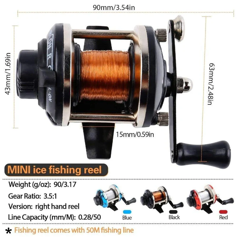 3.5:1 Übersetzungsverhältnis, 3-farbige Mini-Trolling-Rolle, Eisangelrolle, Baitcasting-Rollen, Spule, mit 50 m Nylonschnur