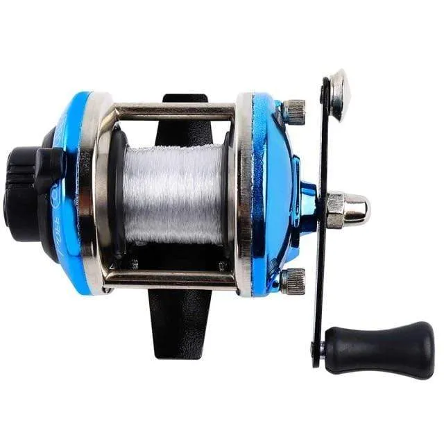 3.5:1 Übersetzungsverhältnis, 3-farbige Mini-Trolling-Rolle, Eisangelrolle, Baitcasting-Rollen, Spule, mit 50 m Nylonschnur