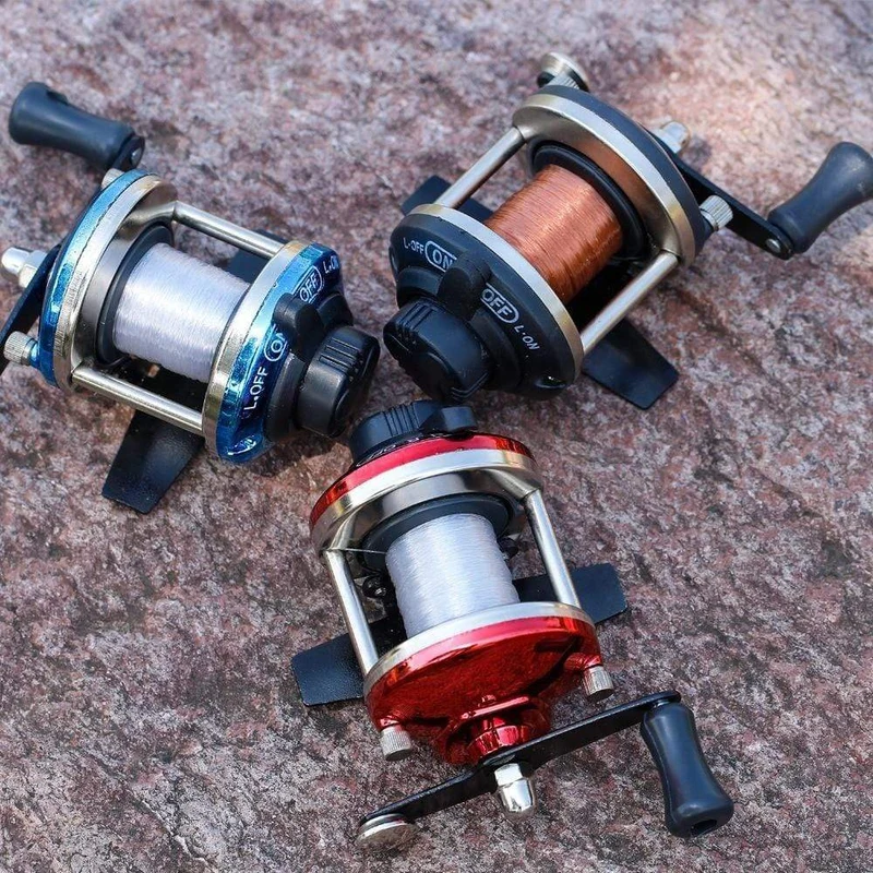 3.5:1 Übersetzungsverhältnis, 3-farbige Mini-Trolling-Rolle, Eisangelrolle, Baitcasting-Rollen, Spule, mit 50 m Nylonschnur