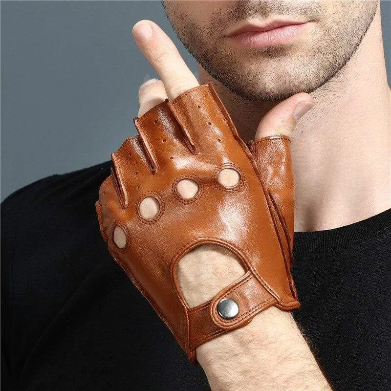 Halbfingerhandschuhe für Herren, atmungsaktiv, rutschfest, Fitness-Leder, fingerlose Handschuhe, Schwarz, Kamel, Autofahrerhandschuhe, männlich, NAN7