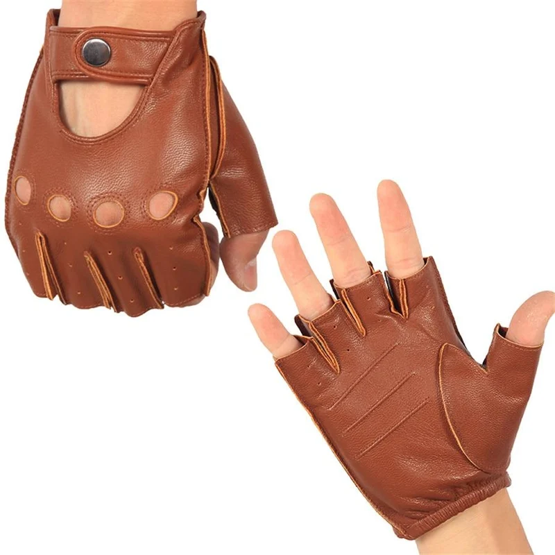 Halbfingerhandschuhe für Herren, atmungsaktiv, rutschfest, Fitness-Leder, fingerlose Handschuhe, Schwarz, Kamel, Autofahrerhandschuhe, männlich, NAN7