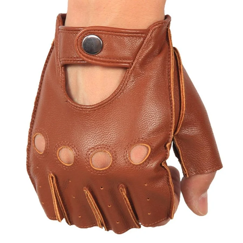 Halbfingerhandschuhe für Herren, atmungsaktiv, rutschfest, Fitness-Leder, fingerlose Handschuhe, Schwarz, Kamel, Autofahrerhandschuhe, männlich, NAN7