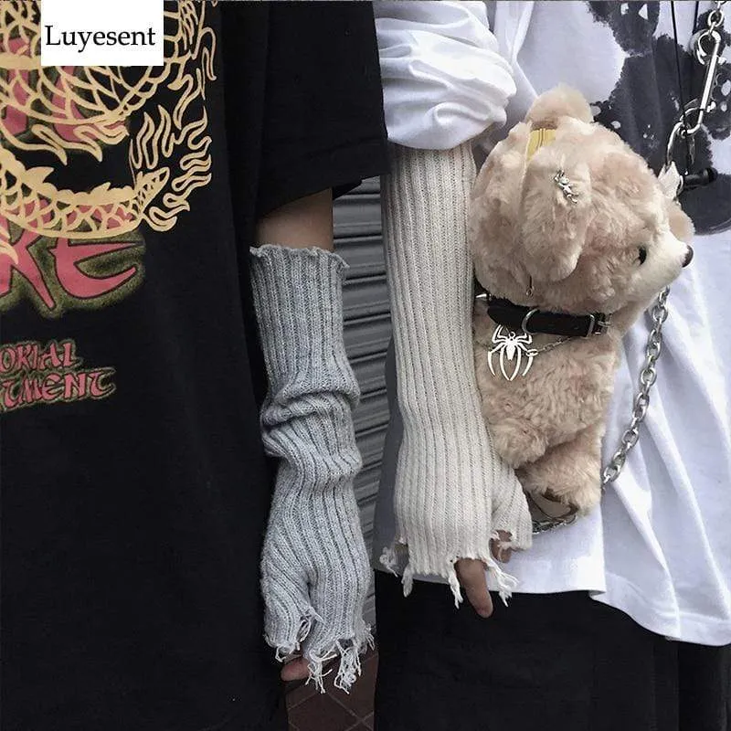 Schwarz Grau Beige Tattered Punk Unisex Fingerlose Manschette Strickhandschuhe Damen Herren Ellenbogenlange Fäustlinge Broken Cool Stretch Armwärmer