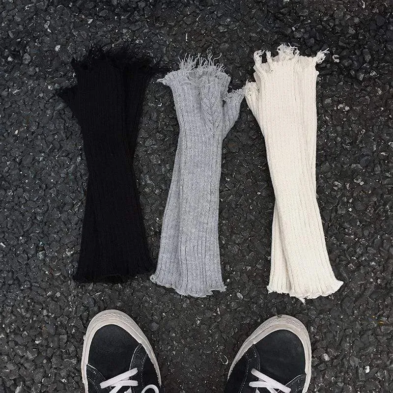 Schwarz Grau Beige Tattered Punk Unisex Fingerlose Manschette Strickhandschuhe Damen Herren Ellenbogenlange Fäustlinge Broken Cool Stretch Armwärmer