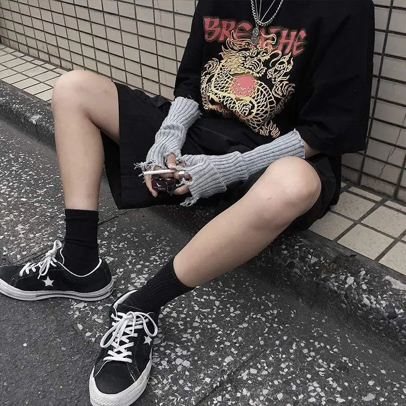 Schwarz Grau Beige Tattered Punk Unisex Fingerlose Manschette Strickhandschuhe Damen Herren Ellenbogenlange Fäustlinge Broken Cool Stretch Armwärmer
