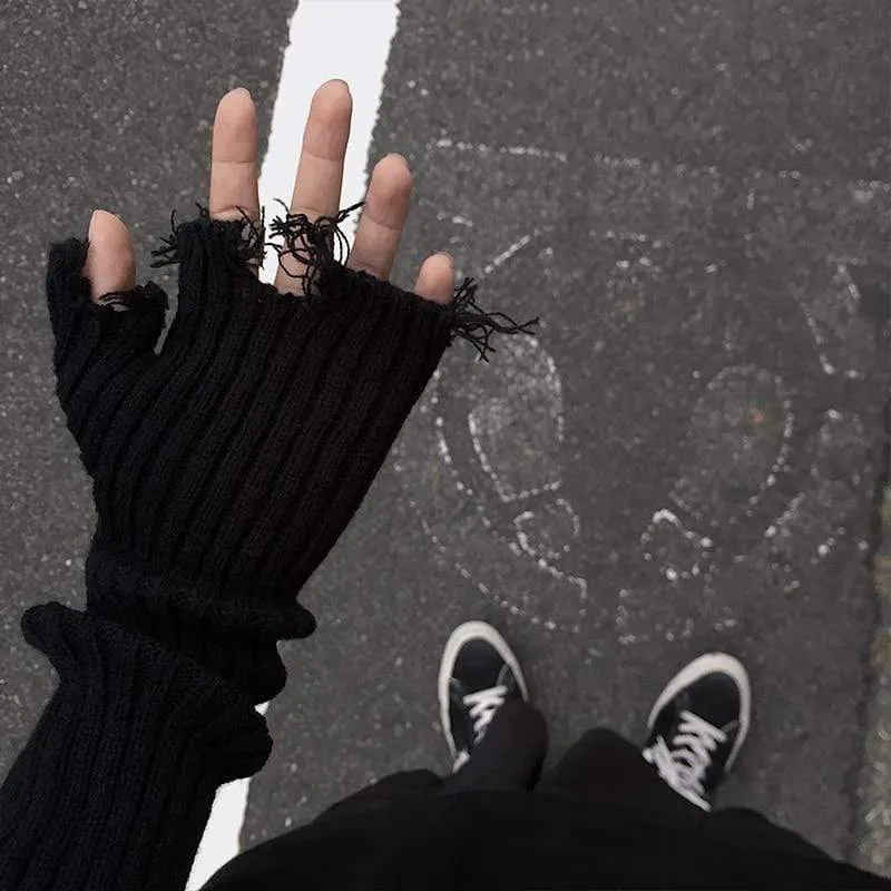 Schwarz Grau Beige Tattered Punk Unisex Fingerlose Manschette Strickhandschuhe Damen Herren Ellenbogenlange Fäustlinge Broken Cool Stretch Armwärmer