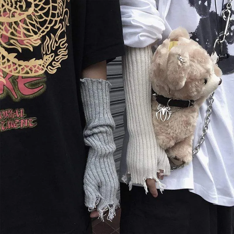 Schwarz Grau Beige Tattered Punk Unisex Fingerlose Manschette Strickhandschuhe Damen Herren Ellenbogenlange Fäustlinge Broken Cool Stretch Armwärmer