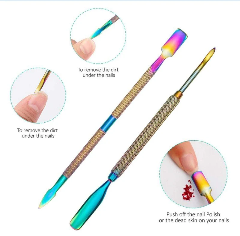 Multi-Typ Regenbogen Edelstahl Nail Art Tools Nagelhautschieber abgestorbene Hautzellen Gabel Gel Entferner Nipper Pinzette Pediküre Maniküre Set